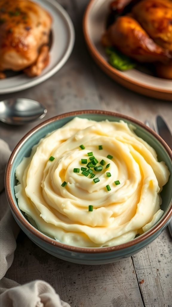 A bowl of creamy mashed potatoes garnished with chives, served with roasted chicken on a rustic table.
